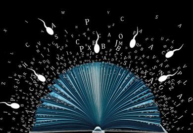 Image of open book with letters flying out and cartoon sperm flying in