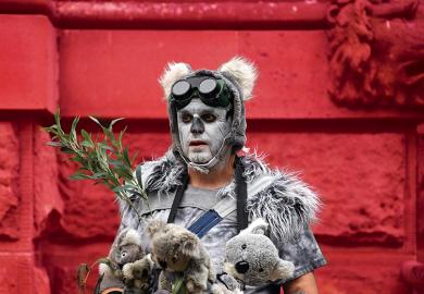 A demonstrator dressed as a "homeless koala" attends a climate protest rally in Sydney on December 11, 2019