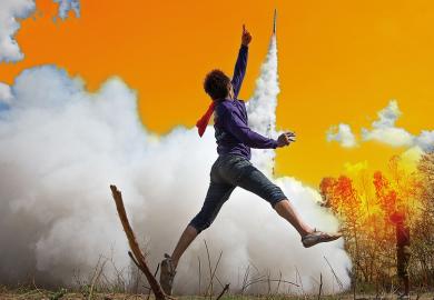 Person jumping in the air as a rocket takes off