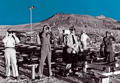 Canadian and British observers illumined by both the sun and an atomic blast of ABLE, a 1-kiloton atomic bomb. January 27, 1951