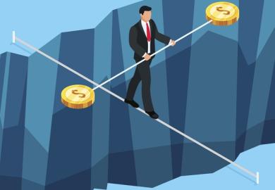 A man walks a tightrope with a pole bearing dollar coins, symbolising donor pressure