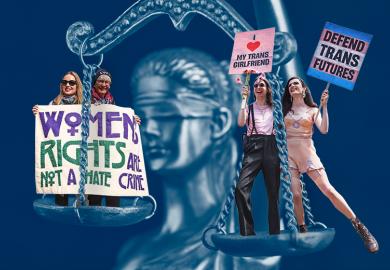 Montage of defenders of women's rights and transgender activists on the scales of justice. As an illustration that many UK universities’ trans inclusion policies contravene equality law.
