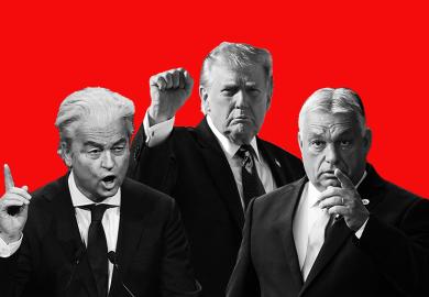 Montage of Donald Trump, prime minister of Hungary Viktor Orbán, and president of the far-right Party for Freedom (PVV) Geert Wilders.