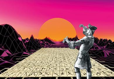Montage of Gulliver with digital sunset and board of symbols to illustrate I thought I was a creative scientist – until AI worked out my trick