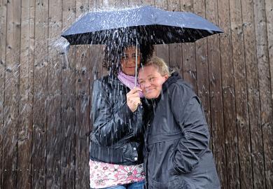 Under an umbrella