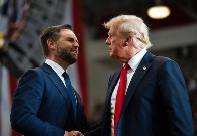 Republican vice presidential nominee U.S. Sen. J.D. Vance introduces U.S. Republican Presidential nominee former President Donald Trump during a rally at Herb Brooks National Hockey Center on July 27, 2024 in St Cloud, Minnesota.