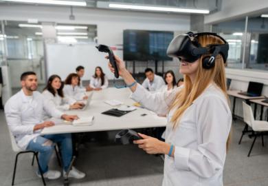 A student uses virtual reality headset in the classroom 