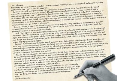 Letter from the Vice-Chancellor with hand and pen montage to illustrate This is the letter I would like to get  from my new vice-chancellor