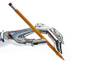 Robot's hand holding a pencil to illustrateIf machines do the writing, students won’t do the thinking