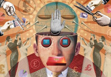 Illustration collage of a head with hand and scales inside and money cut and people playing long trumpets looking up at head to reflect GCRF cuts but having to support one particular cause is not academic freedom by-Miles-Cole.jpg