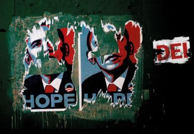 Torn poster of Barack Obama to illustrate what now for DEI in the US?