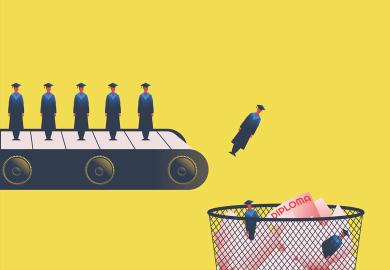 Concept of a conveyor with graduates falling into waste paper basket to illustrate Traditional degree classifications are no longer fit for purpose