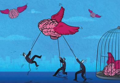 Illustration of Men trying to catch brains that are flying with wings to illustrate Sanctions are compatible  with academic freedom