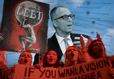Collage with A young student protests outside parliament in Westminster, against spending cuts, tuition fees and student debt. to illustrate Augar response makes balanced adjustments to England’s funding model