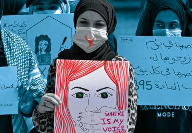 Demonstrators wearing cross-out masks attend a rally for International Women's Day in Iraq to illustrate Life still trumps work for female researchers in the Middle East