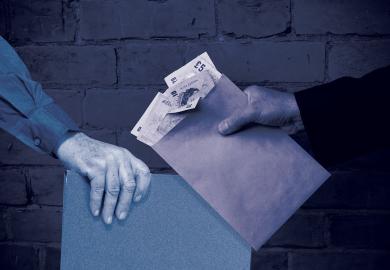 Montage of a hand with an envelope of money and a hand with a folder to illustrate The omertà on rampant cheating by international students can’t hold forever