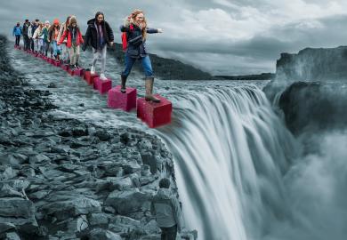 Montage of a group stepping on cubes leading to a waterfall