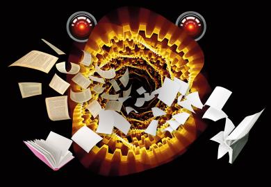 Montage of a machine in the shape of a monster eating books to illustrate Publishers must not feed the machine munching through the academy