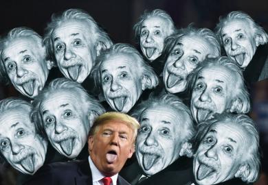 Montage of US President Donald Trump sticks out his tongue with multiple heads of Albert Einstein to illustrate Doctors, scientists, did the quacks get your tongue? Time to take it back