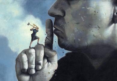 Man finger on mouth with woman smashing it with an axe illustration concept