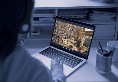Student looking at laptop, screen has image of a historic painting with men attending a class lecture.
