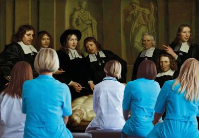 Montage of doctors sitting watching renaissance doctors operating on a body to illustrate Are degree apprentices hips ready to graduate?