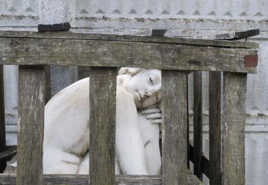Marble female statue caged in a wooden crate to illustrate Scholars are wounded in academia’s gender wars