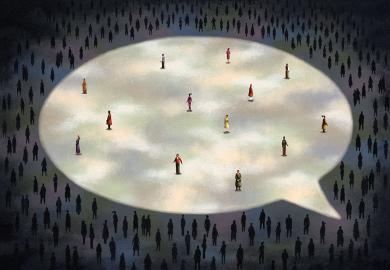 large spotlight in the shape of a speech bubble to symbolise the feedback/messages that are not anonymous. Only a few people are standing under this spotlight with the majority remaining as a metaphor that many people now message anonymously