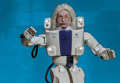 Albert Einstein head in a  humanoid prototype to illustrate AI will replace academics unless our teaching challenges students again
