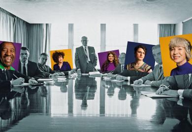 Montage of members of the board all turn to face the camera during a board meeting some have different diversity heads over them to illustrate In difficult times, v-cs and executives need more diverse boards to lean on