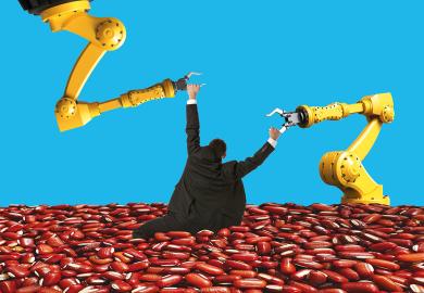 Montage image of a man holding onto robot arms to illustrate Can AI free universities from the institutional bean-counting scourge?