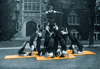 Team of lady acrobats practise on a lawn to illustrate Irish universities’ gender rebalance may not persist
