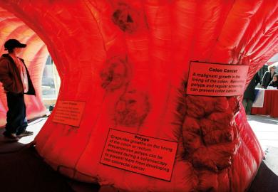 Boy stands inside an interactive replica of a human colon to illustrate Funding and careers structures are holdi  ng back early cancer detection