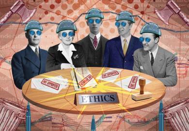Group sitting around table being brainwashed with 'Not approved' signs on the table to illustrate Why we should abolish ethics committees