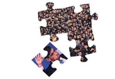 Montage of UK Prime Minister and crowds of people in puzzle shapes to illustrate A political puzzle