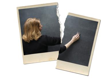Person rubbing out on a black board, image ripped in half to illustrate Leaving is a long, emotional affair, but I’m glad I quit academia