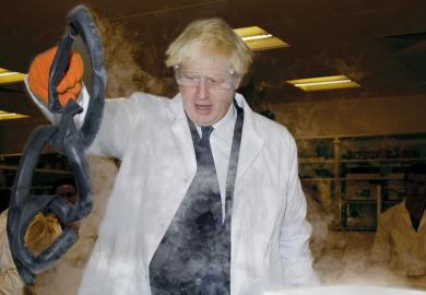 Boris Johnson wearing white coats and goggles