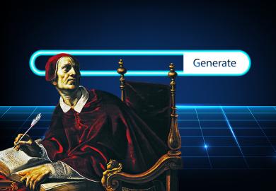 Old painting of person writing using a quill, and looking behind to a background with an AI prompt bar. To illustrate that in the AI era, the human struggle can no longer be the point of research.