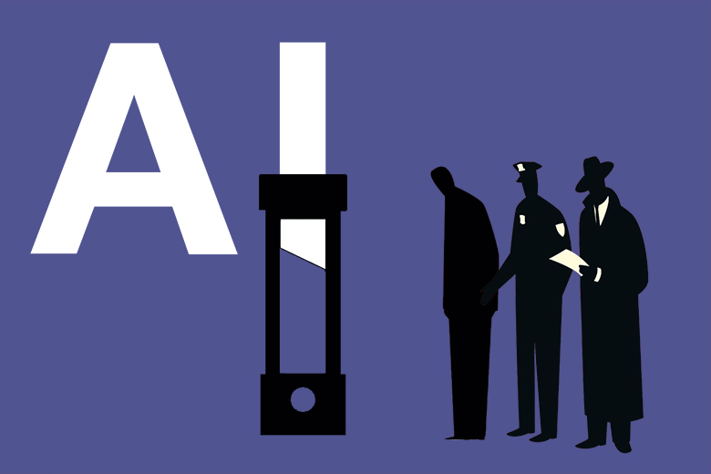 Man being led to a guillotine by police. The blade of the guillotine is made from the ‘I’ of AI. To illustrate harsh sanctions for academics using AI-generated references. Man being led to a guillotine by police. The blade of the guillotine is made from the ‘I’ of AI. To illustrate harsh sanctions for academics using AI-generated references.