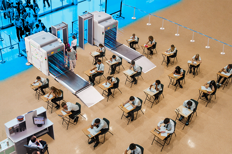 Airport security measures at the entrance to an exam hall. To illustrate the difficulties in ensuring students do not have AI-powered tech hidden on them during tests.