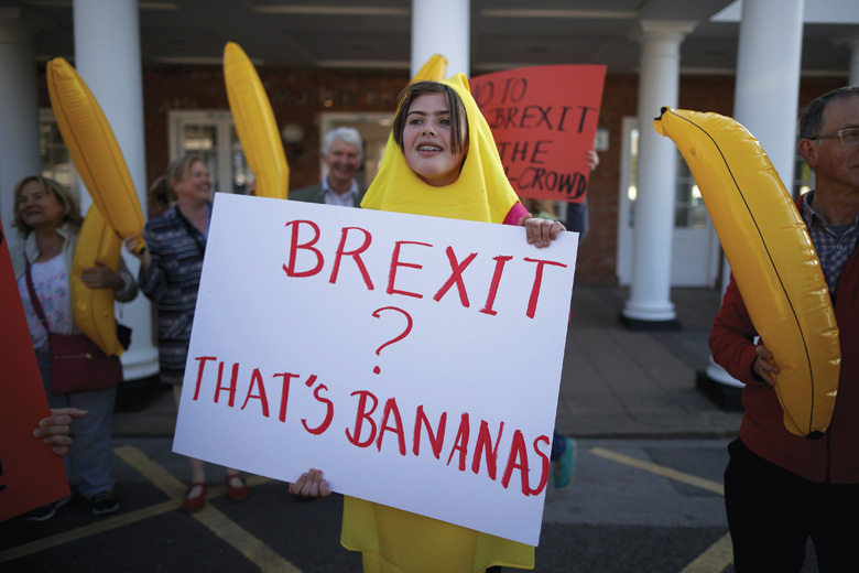 Anti-Brexit supporters dressed as bananas, Vote Leave rally, England