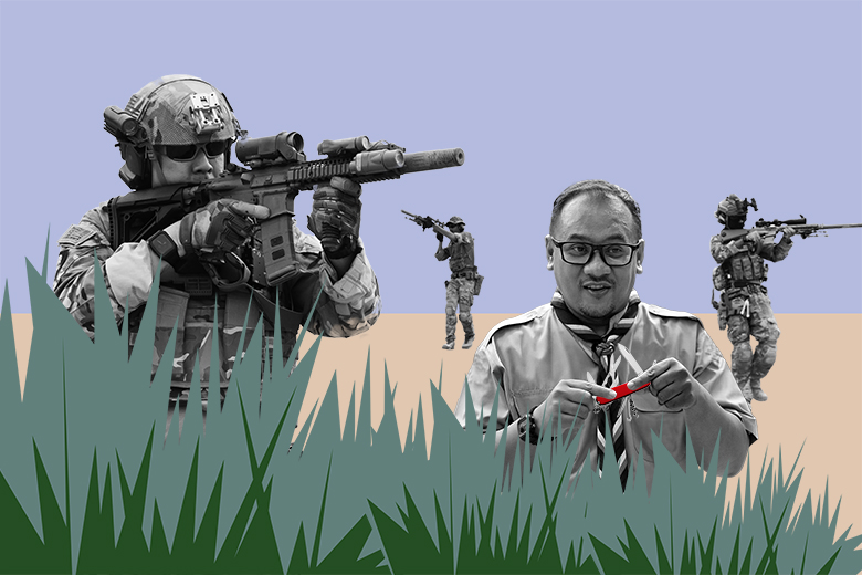 A boy scout with a penknife among soldiers. To illustrate that academics are often thrown into teaching without any training, like a baptism by fire.