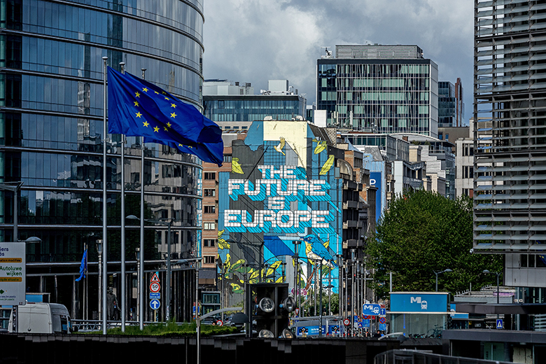 The famous graffiti mural painted by Belgian artist NovaDead, The Future is Europe, is seen among the buildings of the European institutions on the skyline in Brussels, Belgium, 2023. The famous graffiti mural painted by Belgian artist NovaDead, The Future is Europe, is seen among the buildings of the European institutions on the skyline in Brussels, Belgium, 2023.
