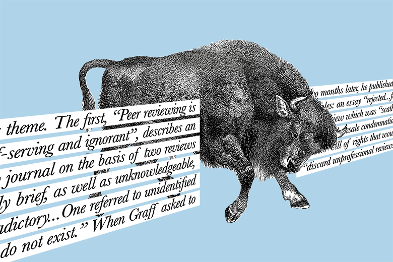A bull blocking the entrance, with the fence made of lines of text. To illustrate editors blocking publication of authors’ work.