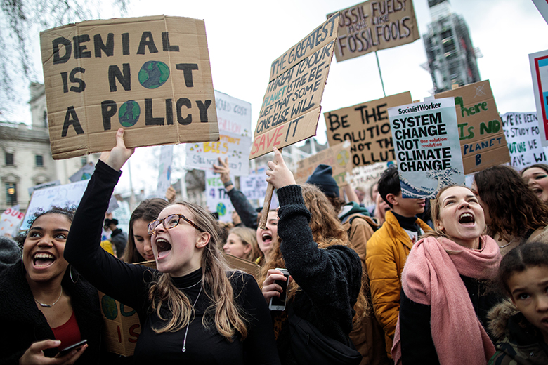 Students take part in a student climate protest on 15 March 2019 in London, England. Young people nationwide are calling on the government to declare a climate emergency and take action.