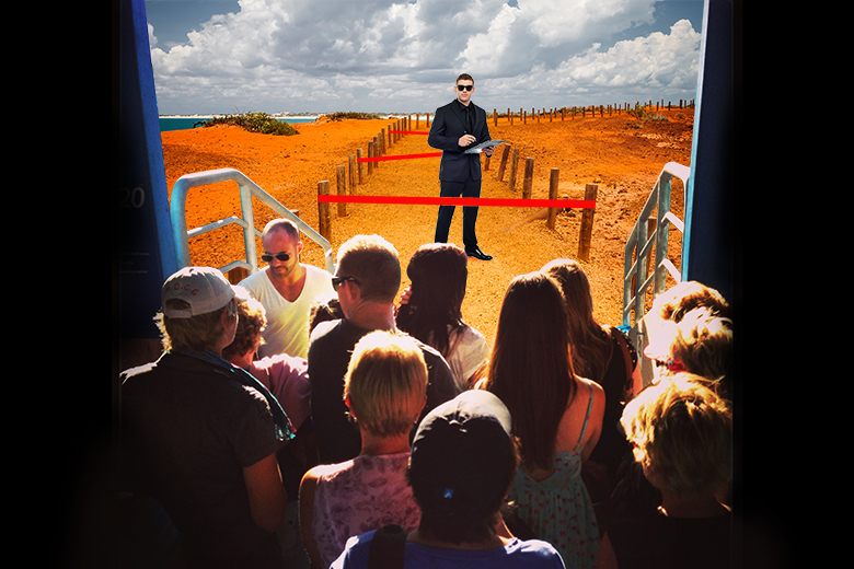 A doorman with red tape blocking a crowd from travelling along a path. To illustrate the numerous government requirements and uncertainty over admissions affecting Australian university administrators. A doorman with red tape blocking a crowd from travelling along a path. To illustrate the numerous government requirements and uncertainty over admissions affecting Australian university administrators.