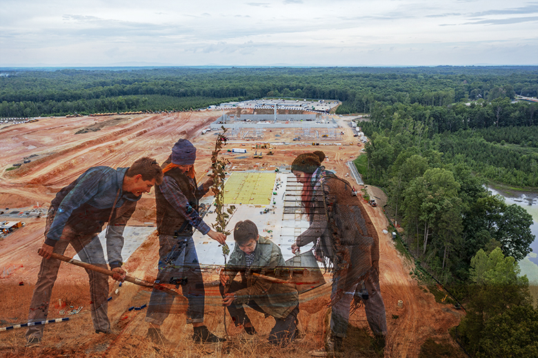 The construction of a 374-acre data centre in rural Virginia, with people planting trees overlaid. To illustrate that AI companies are making efforts to be sustainable and minimising water consumption. The construction of a 374-acre data centre in rural Virginia, with people planting trees overlaid. To illustrate that AI companies are making efforts to be sustainable and minimising water consumption.