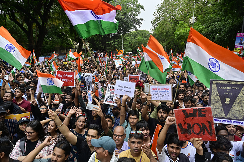 Protesters celebrate in Dadar after the resignation of education minister minister Dharmendra Pradhan Protesters celebrate in Dadar after the resignation of education minister minister Dharmendra Pradhan