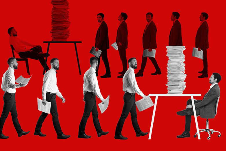 A queue of the same author handing papers to an editor, with another queue of that same editor handing papers to the original author. To illustrate ‘edit for pal’ practices. A queue of the same author handing papers to an editor, with another queue of that same editor handing papers to the original author. To illustrate ‘edit for pal’ practices.