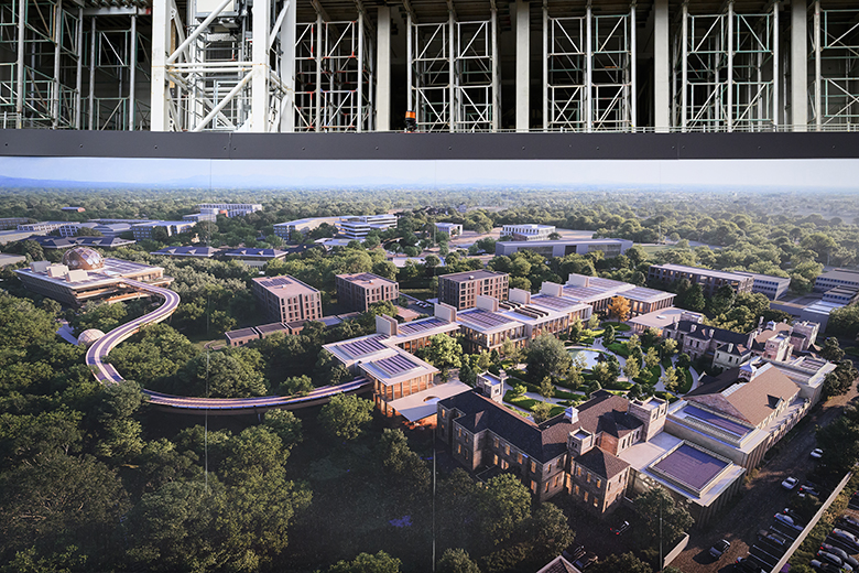 Hoardings showing imagery of the future development surround the construction site of the “EIT Oxford” research institute on 24 September 2025 in Oxford, England. Larry Ellison, CEO of Oracle, has invested to build the EIT in Oxford.
